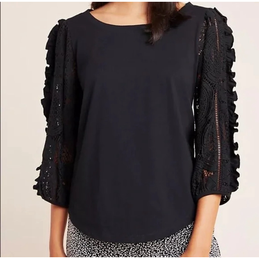 Anthropologie Nina Black Lace Puff Sleeve Blouse Size S
